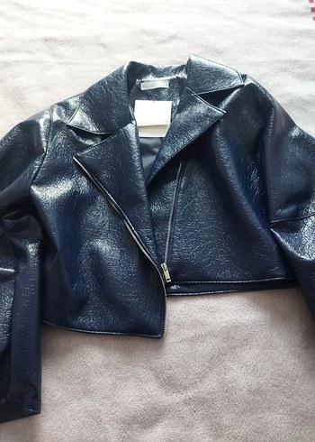 Parlak Mavi Kadın Deri Biker Ceket - Görsel 3