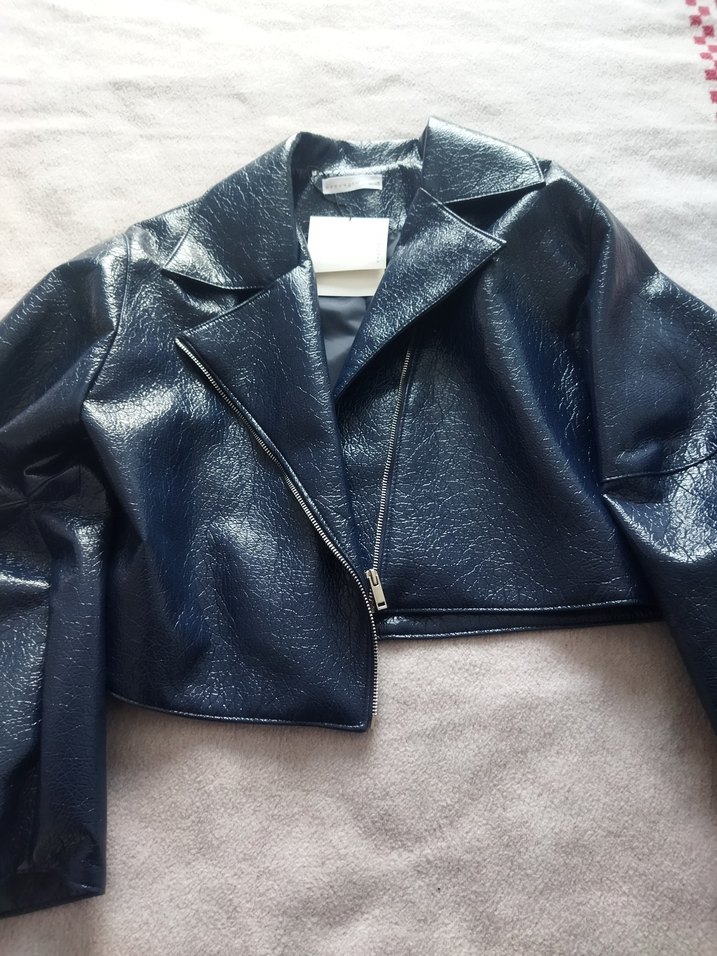 Parlak Mavi Kadın Deri Biker Ceket - Görsel 3