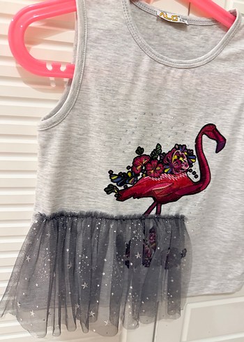 Kız Gri Kolsuz Tül Detaylı Tişört - Görsel 2