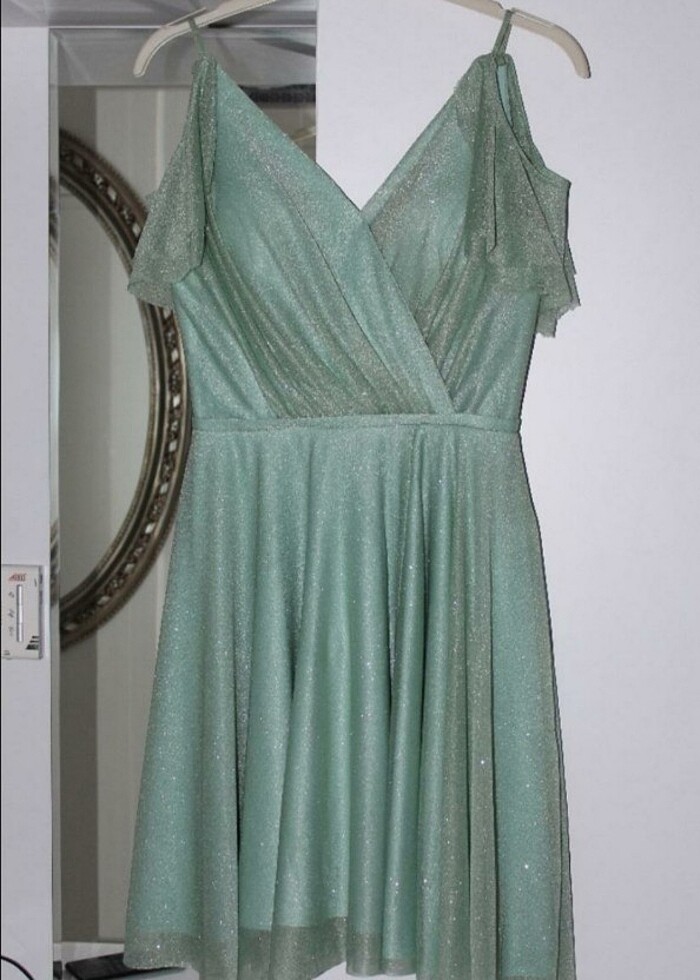 Pastel Yeşil Simli Abiye Kısa Elbise - Görsel 2