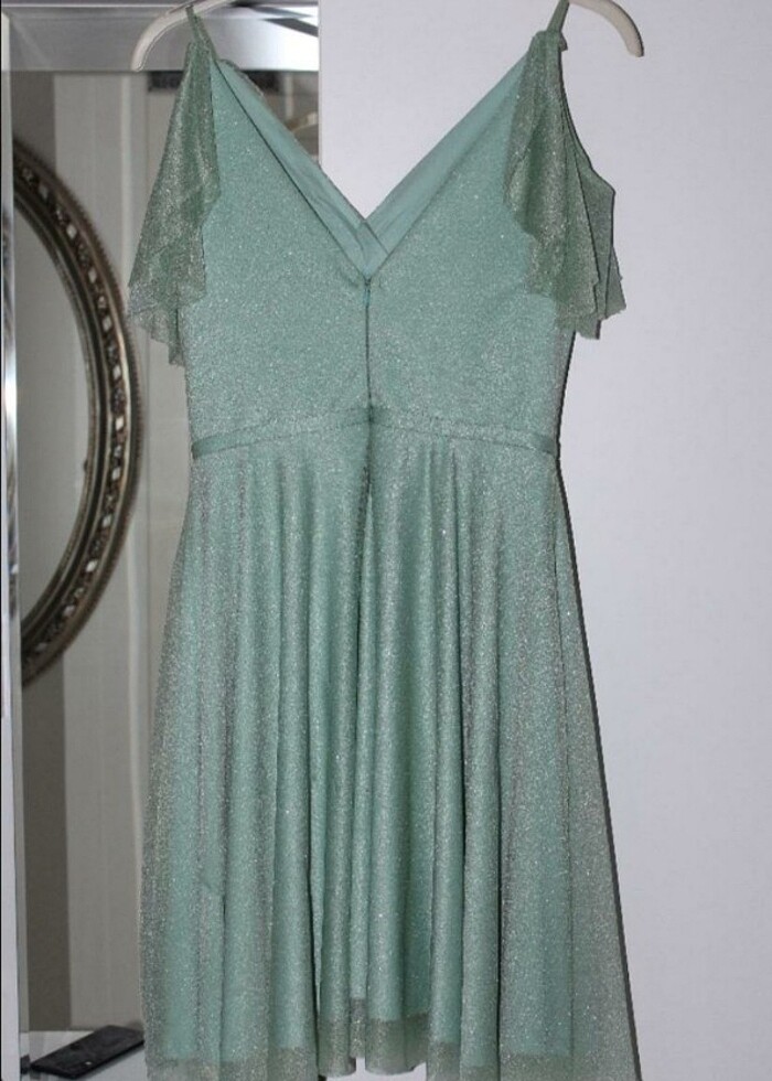 Pastel Yeşil Simli Abiye Kısa Elbise - Görsel 3