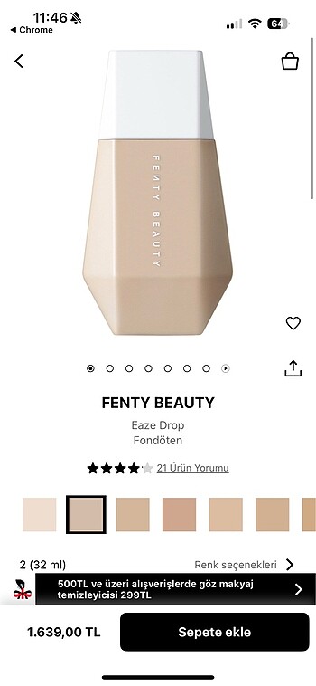 Beden Fenty beauty eaze drop skin tint fondöten 2 numara