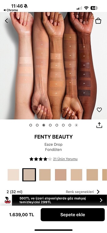 Beden Renk Fenty beauty eaze drop skin tint fondöten 2 numara