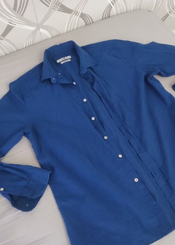 Mavi Keten Erkek Gömlek - Görsel 5