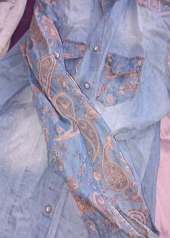 Defacto Nakışlı Mavi Denim Midi Gömlek