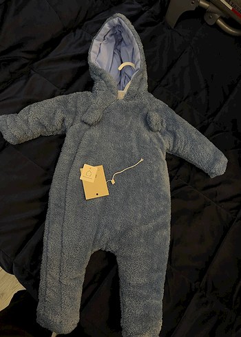 Mavi Peluş Bebek Tulumu Kapüşonlu - Görsel 2