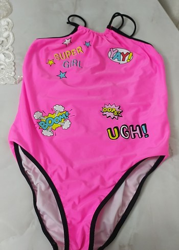 Pembe Pop Kültür Baskılı Kız Mayo