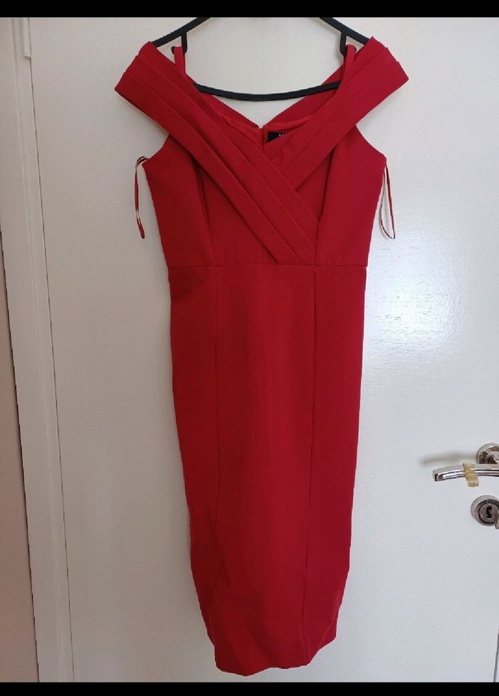 Kırmızı Midi Drapeli V Yaka Abiye Elbise - Görsel 3