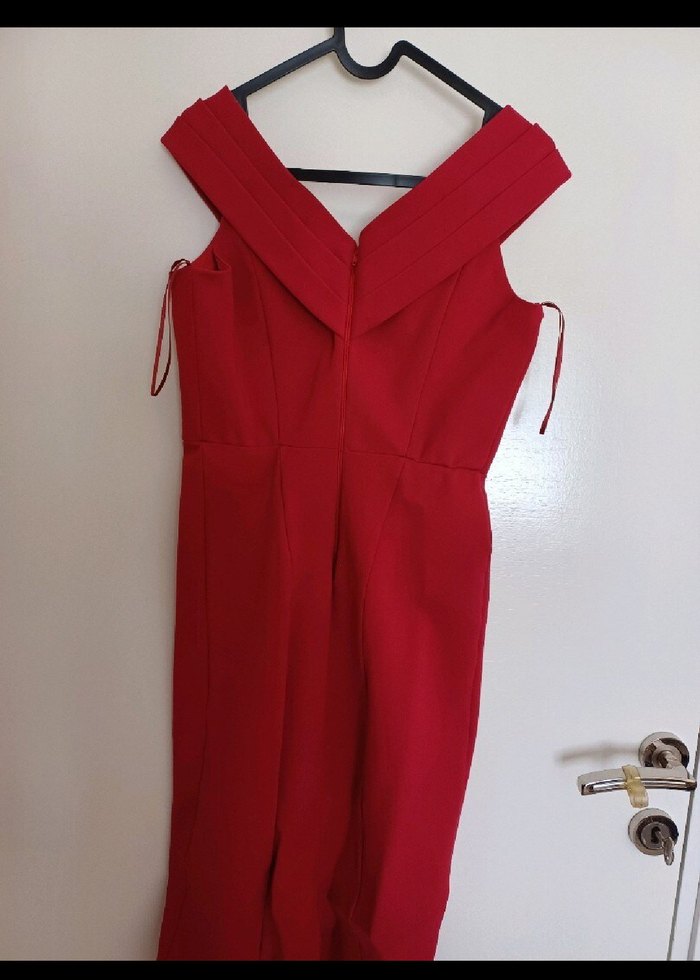 Kırmızı Midi Drapeli V Yaka Abiye Elbise - Görsel 4