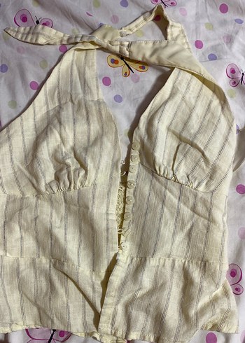 Stradivarius Stradivarius Düğmeli Keten Halter Yaka Mini Yelek