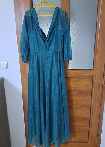 44 Beden Parlak Mavi Uzun Drapeli Kadın Abiye Elbise
