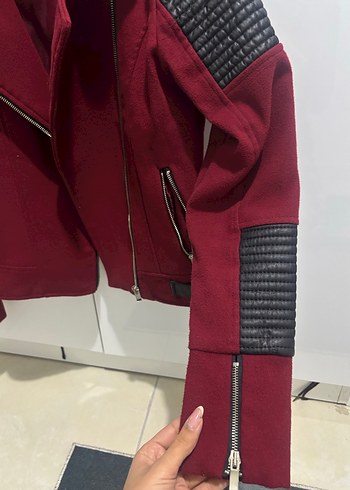 Bordo Süet Biker Kadın Deri Ceket - Görsel 5