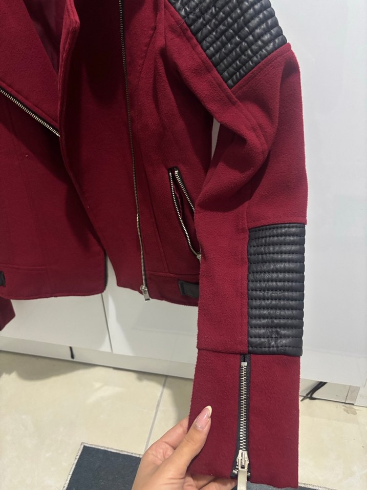 Bordo Süet Biker Kadın Deri Ceket - Görsel 5
