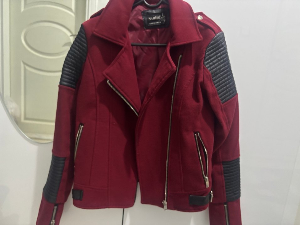 Bordo Süet Biker Kadın Deri Ceket - Görsel 3