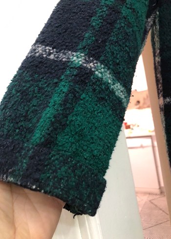 Düğmeli Yeşil Kareli Uzun Yün Kadın Kabanı - Görsel 9