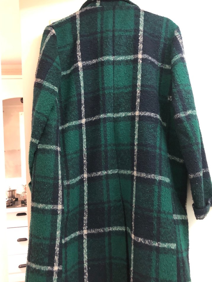 Düğmeli Yeşil Kareli Uzun Yün Kadın Kabanı - Görsel 3