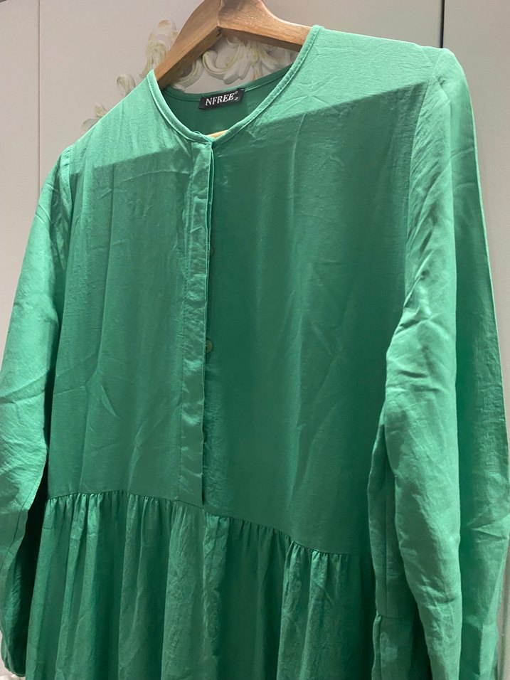 Yeşil Uzun Kollu Piliseli Keten Elbise - Görsel 2