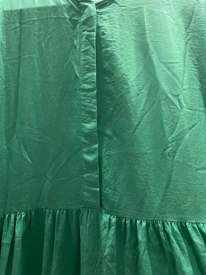 Yeşil Uzun Kollu Piliseli Keten Elbise - Görsel 3