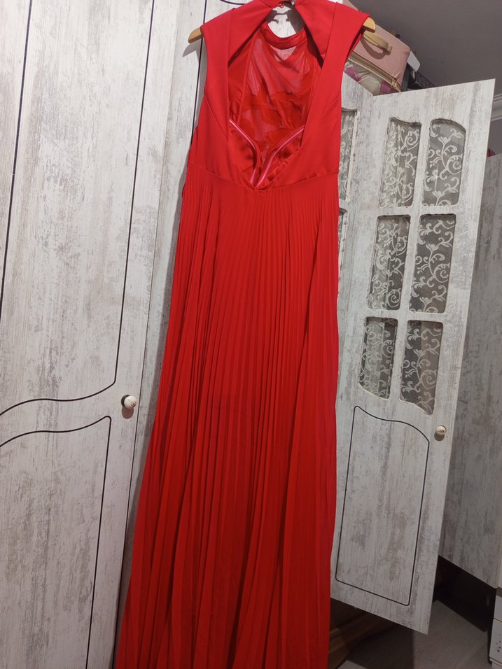 Kırmızı Drapeli Uzun Abiye Elbise - Görsel 2
