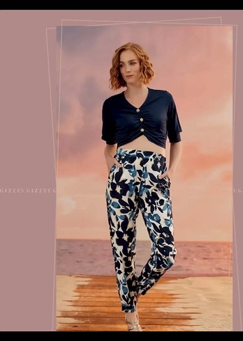 Lacivert Batik Desenli Rahat Kesim Kadın Pantolon