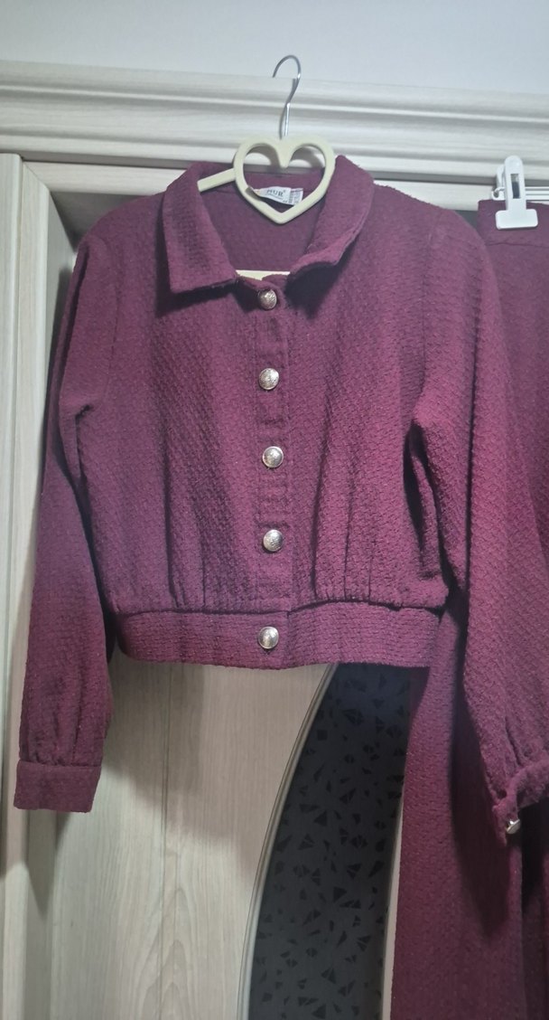 Bordo Düğmeli Midi Kadın Takım - Görsel 2