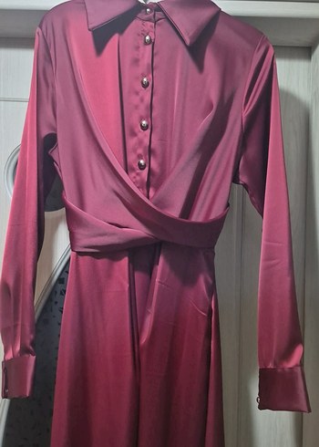 Düğmeli Bordo Kadın Uzun Elbise - Görsel 2