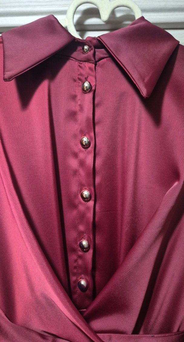 Düğmeli Bordo Kadın Uzun Elbise - Görsel 3