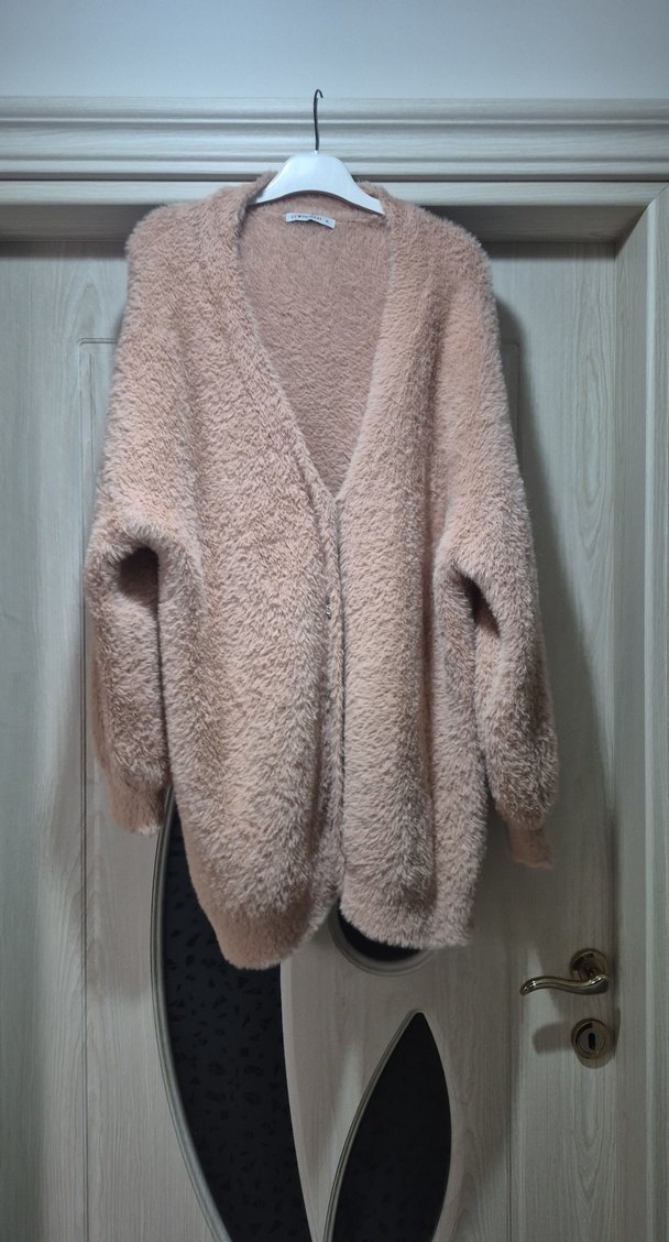 pudra Uzun Kollu V Yaka Kadın Peluş Kazak - Görsel 2