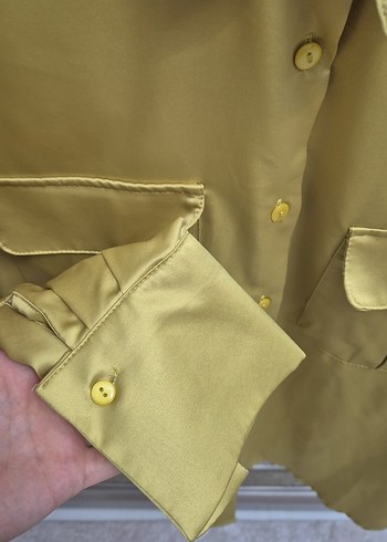 yağ yeşili Düğmeli Uzun Kollu Saten Gömlek - Görsel 3