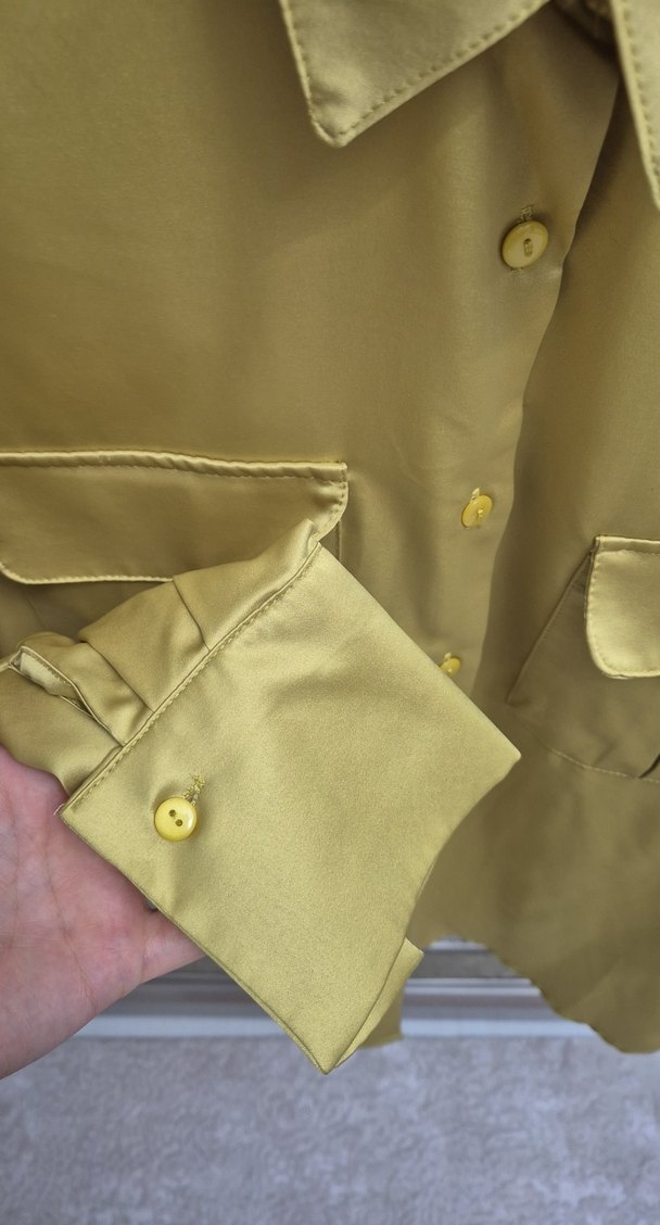 yağ yeşili Düğmeli Uzun Kollu Saten Gömlek - Görsel 3