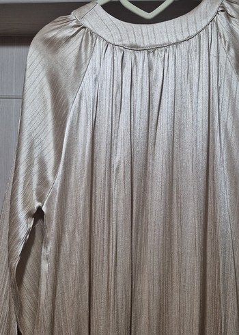 Bej Pileli Uzun saten Elbise - Görsel 2