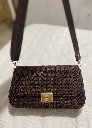 Kahverengi Örgü Detaylı Tokalı Kadın Çanta - Görsel 3