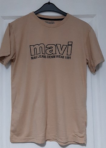l Beden camel Renk Mavi Bej Baskılı Kısa Kollu Unisex Tişört