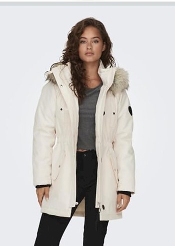 Oniy krem Kürklü kapüşonlu Kışlık parka mont