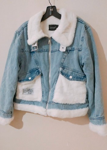 s Beden mavi Renk Kadın Beyaz peluş Kürklü Midi kısa Denim kot Ceket mont