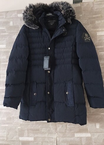 Philipp plein kapşonlu uzun şişme erkek mont