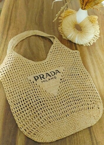 Prada muadili hasır file örgü plaj çanta