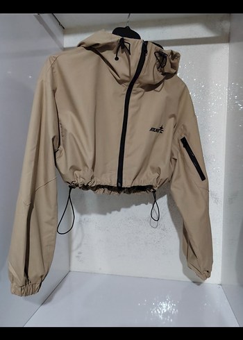 Zara Bej Kapüşonlu Mini crop Ceket su geçirmez yağmurluk - Görsel 8