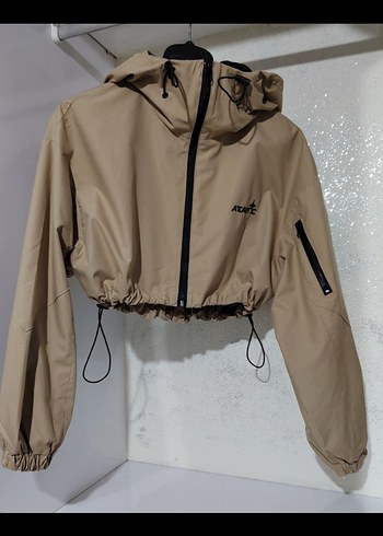 Zara Bej Kapüşonlu Mini crop Ceket su geçirmez yağmurluk - Görsel 18