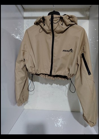 Zara Bej Kapüşonlu Mini crop Ceket su geçirmez yağmurluk - Görsel 9