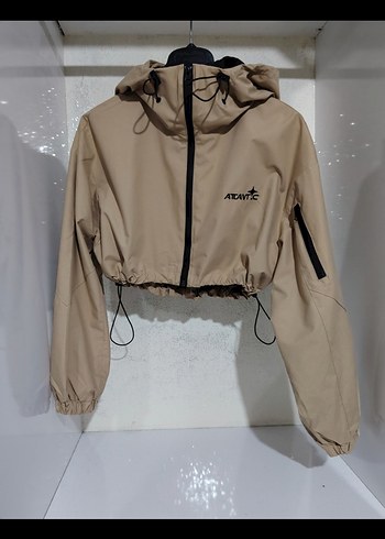 Zara Bej Kapüşonlu Mini crop Ceket su geçirmez yağmurluk - Görsel 7