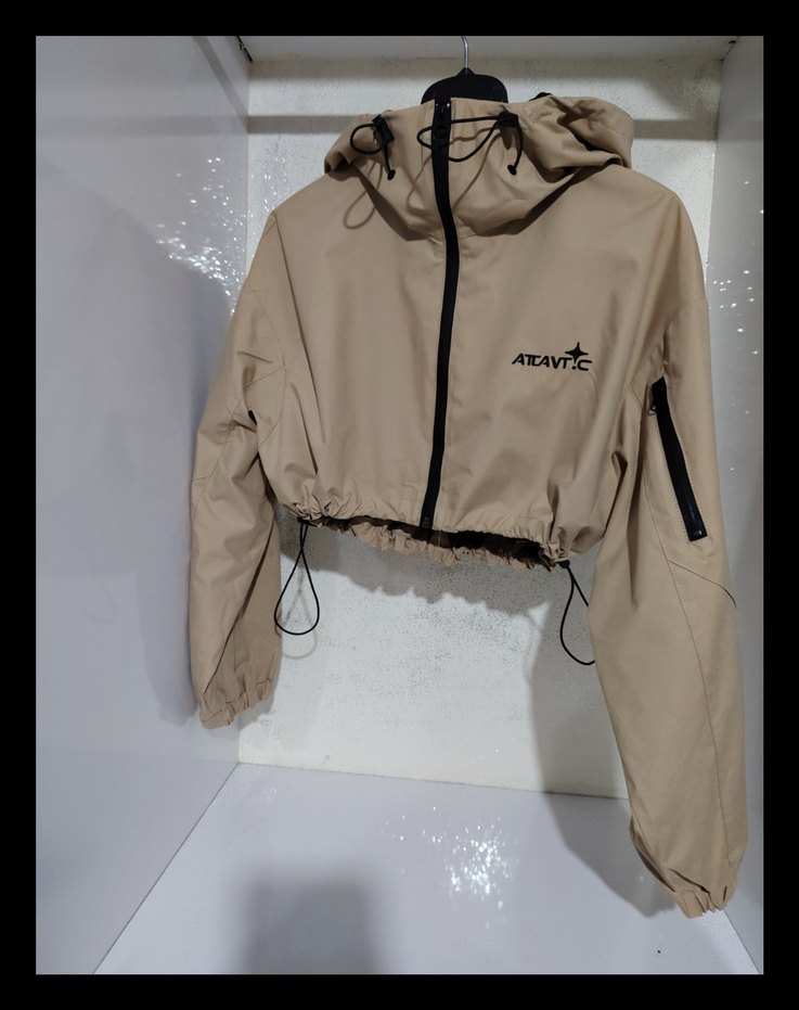 Zara Bej Kapüşonlu Mini crop Ceket su geçirmez yağmurluk - Görsel 4