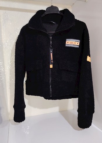 Siyah Fermuarlı Kısa crop peluş ceket Mont