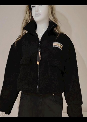 s Beden siyah Renk Siyah Fermuarlı Kısa crop peluş ceket Mont