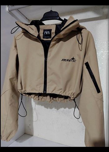 Zara Bej Kapüşonlu Mini üst crop Ceket