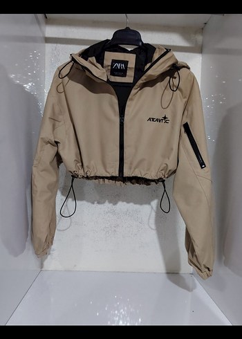 Zara Bej Kapüşonlu Mini üst crop Ceket su geçirmez yağmurluk - Görsel 6