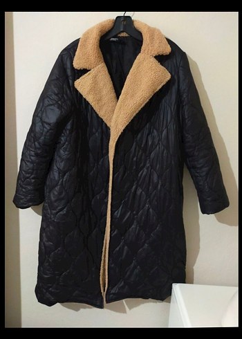 l Beden Siyah kapitone Kürklü Kadın oversize Uzun Mont