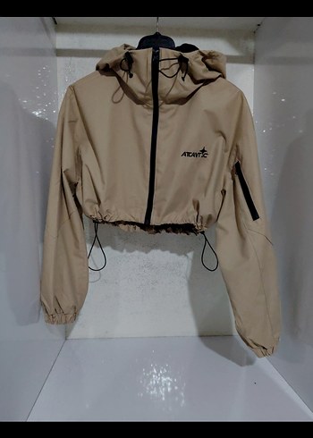 Zara Kapüşonlu Bej Kısa mini üst crop Ceket yağmurluk - Görsel 12