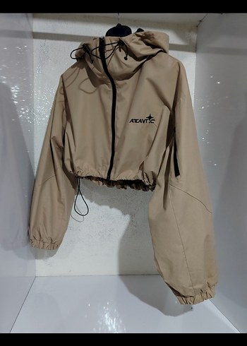 Zara Kapüşonlu Bej Kısa mini üst crop Ceket yağmurluk - Görsel 13