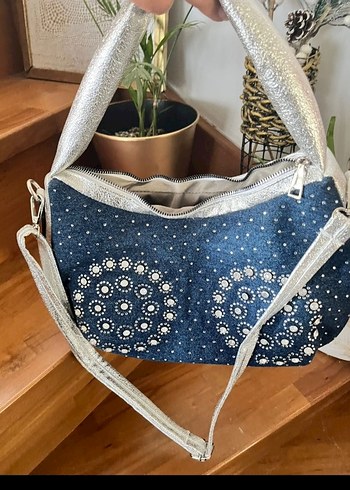 Beden lacivert pırlanta taş detaylı Jean kot Denim Kadın Çantası